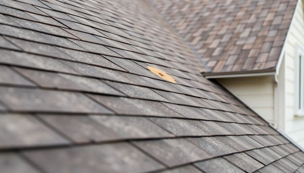A close-up view of a house roof showing a noticeable dip in the center
