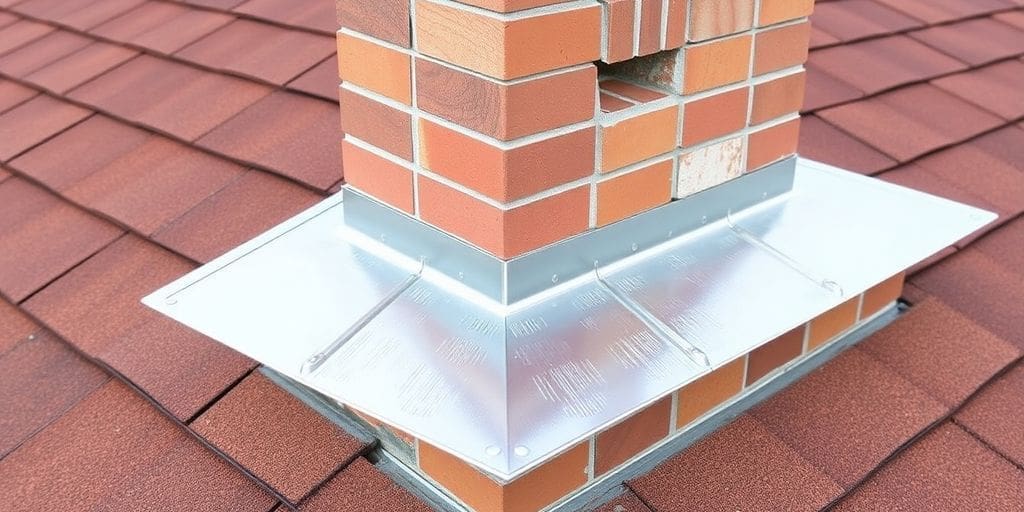 Close-up of roof flashing protecting a chimney against water