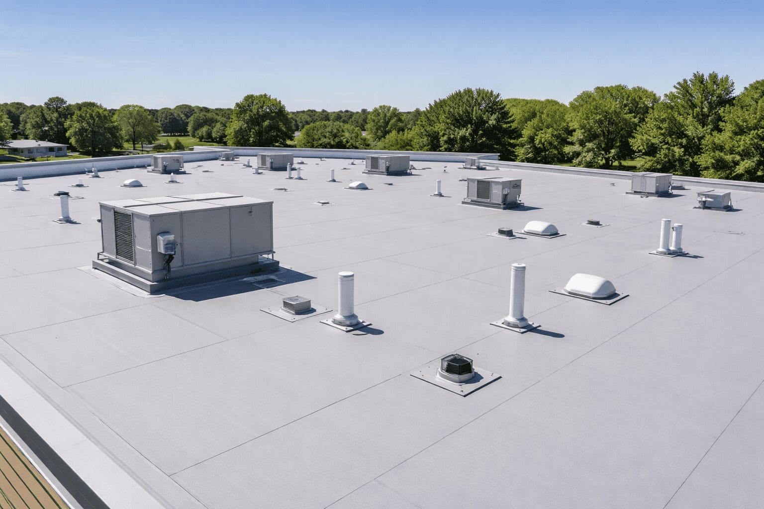 flat commercial roof with HVAC units and vents