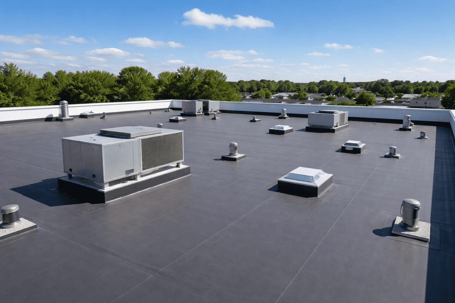 Flat rooftop with HVAC units and vents under blue sky