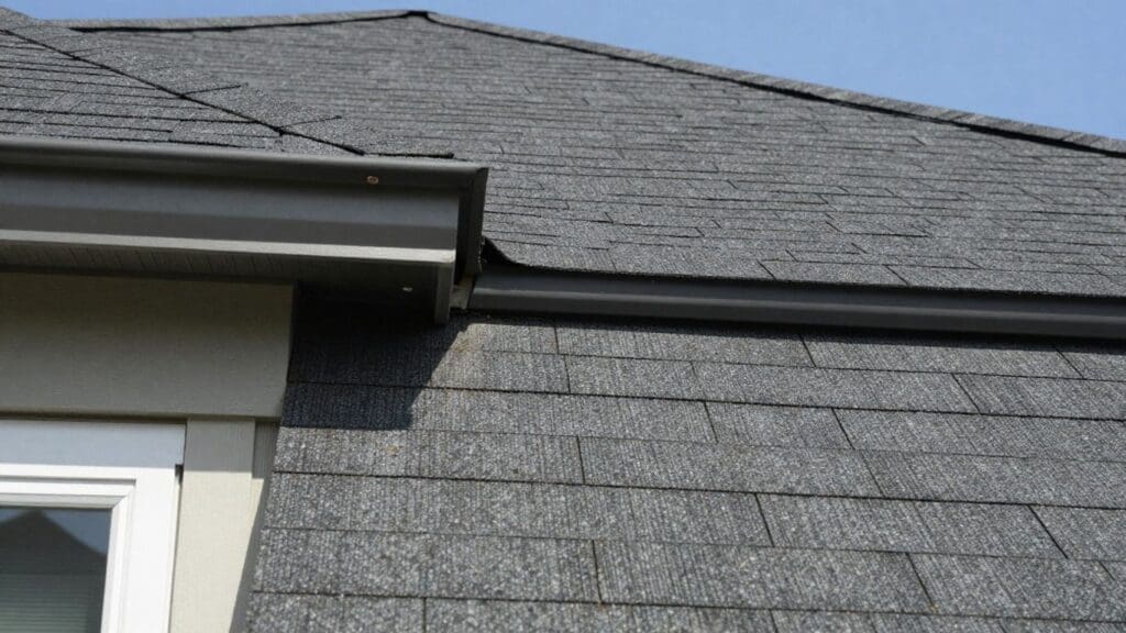 close-up of gray roof shingles and gutter under blue sky