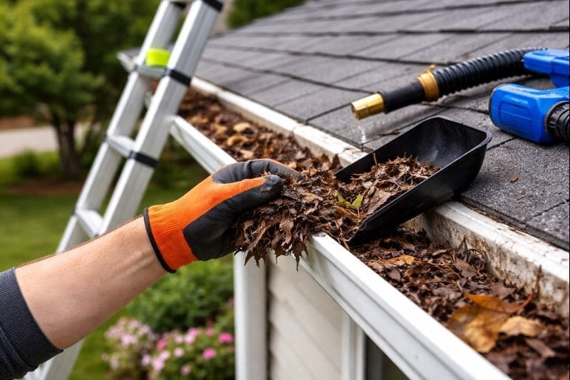 Person cleaning leaves from gutter with scoop and gloves