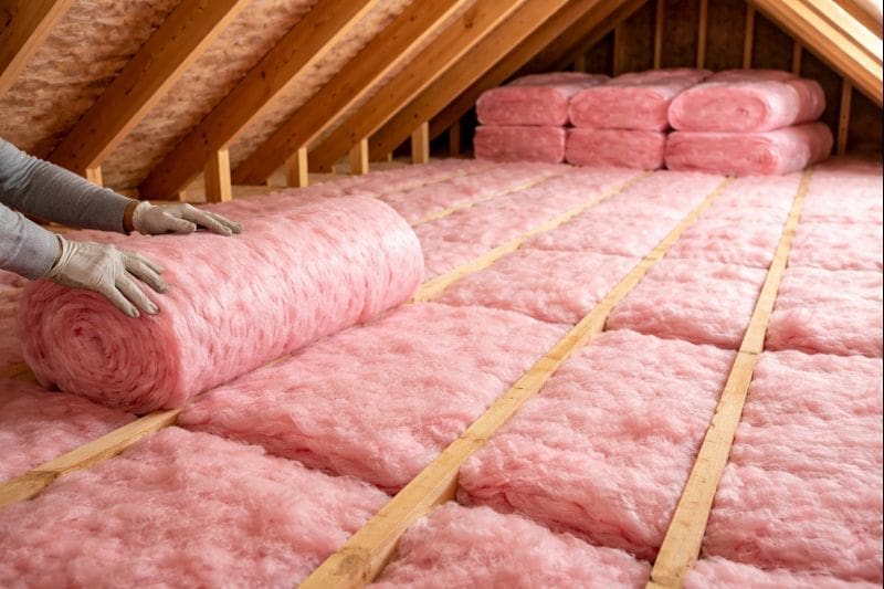 person installing pink fiberglass insulation in attic
