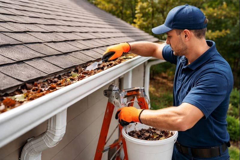 man in blue uniform cleaning gutters with orange gloves