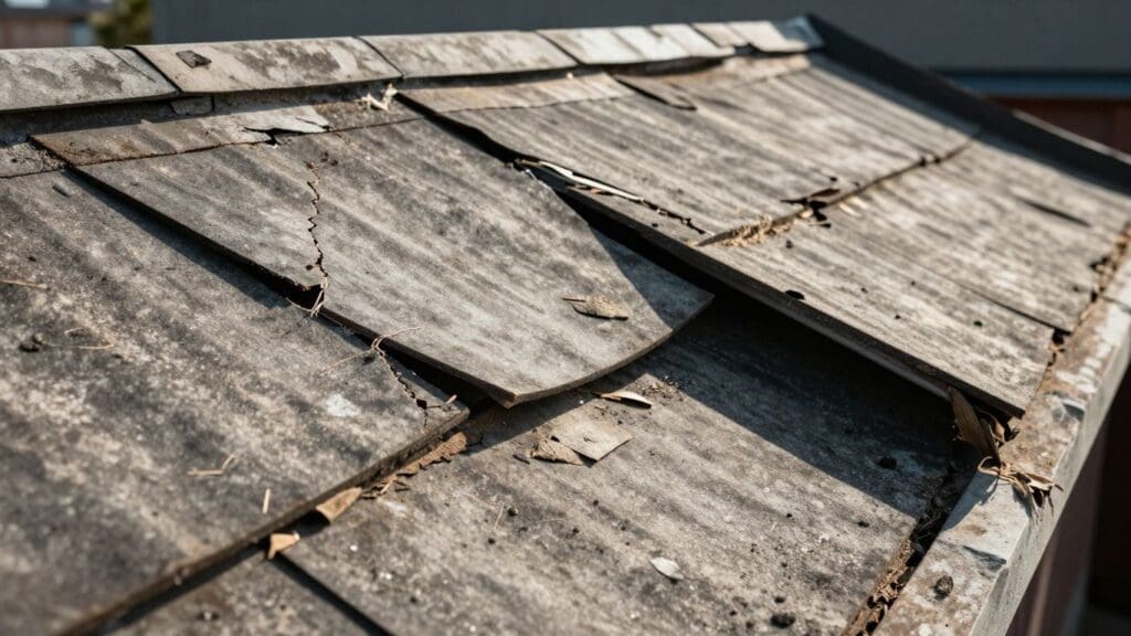 damaged roof with cracked and broken shingles