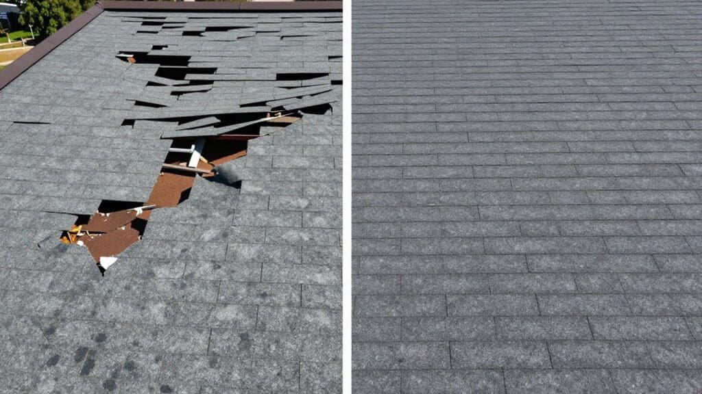 damaged roof with missing shingles next to repaired roof