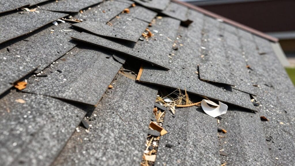 damaged roof shingles with debris and leaves