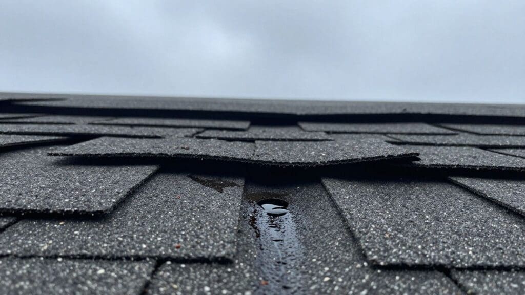 close-up of damaged roof shingles with water leak