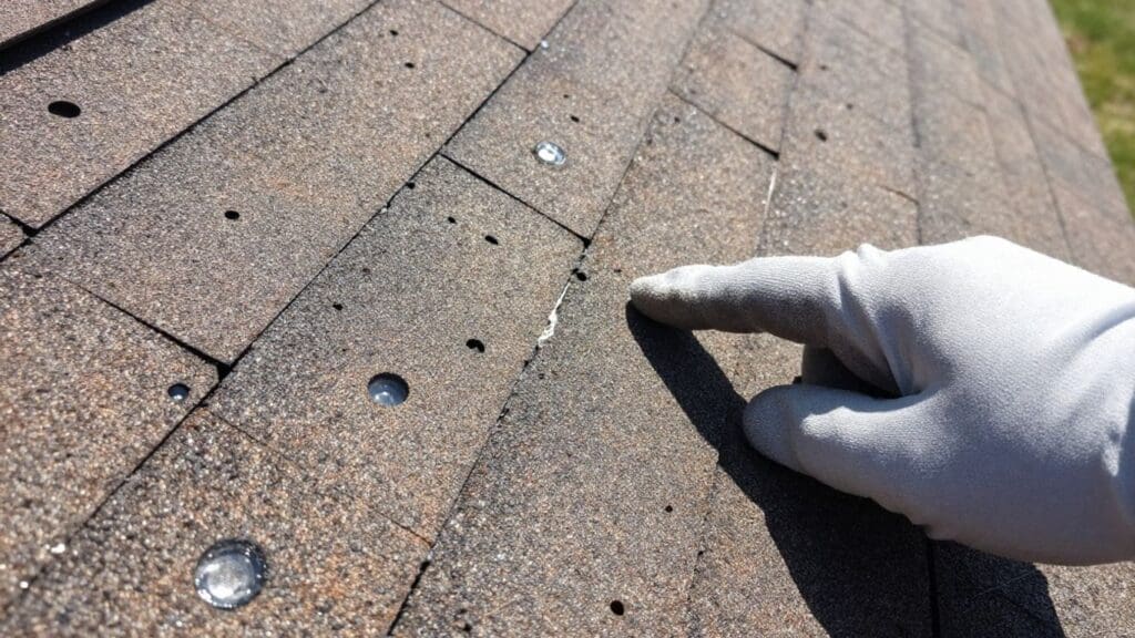 Gloved hand inspecting damaged roof shingles