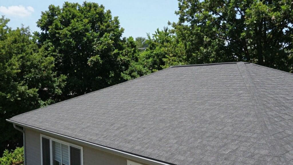 gray shingle roof with trees in background