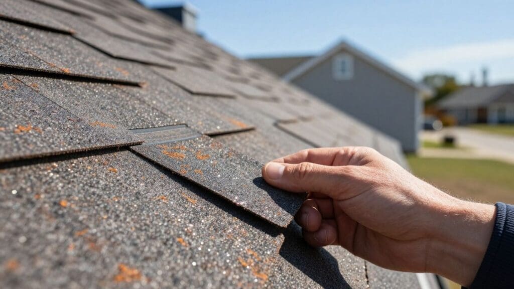 Hand inspecting roof shingles on sunny day