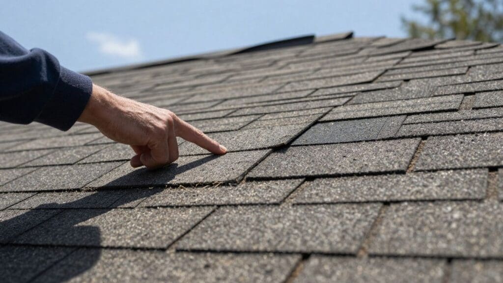 hand pointing at asphalt roof shingles