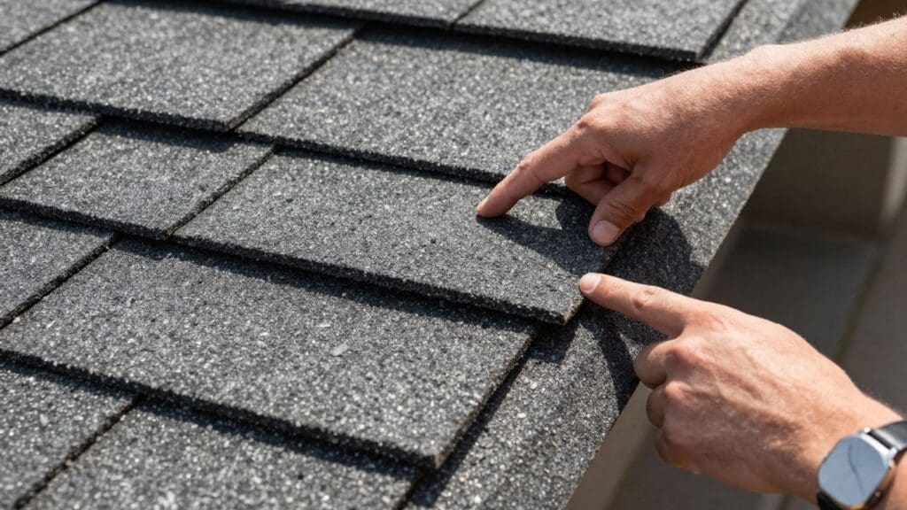 hands inspecting gray asphalt roof shingles