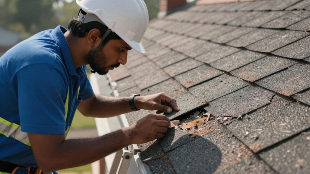 Worker in hard hat inspecting roof shingles