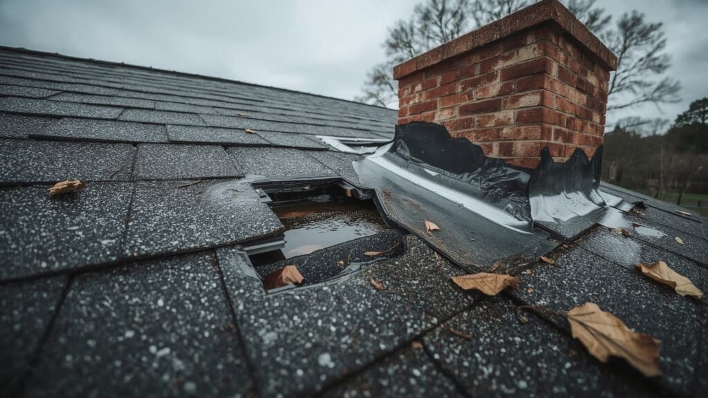 Damaged asphalt roof shingles with lifted tabs near chimney