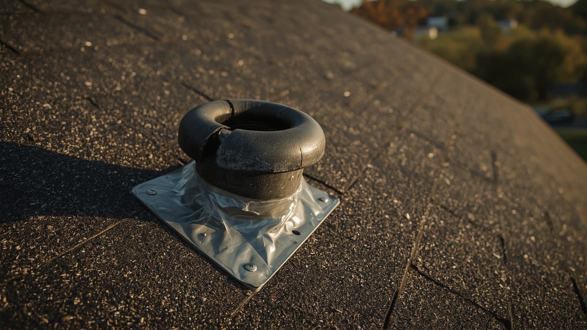 Deteriorated rubber vent boot with visible split next to new replacement on shingle roof