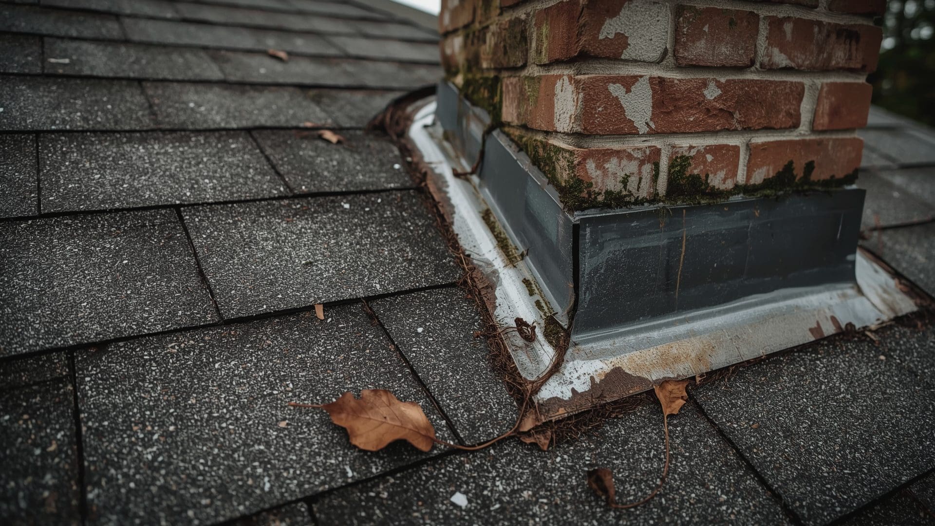 Damaged curling asphalt shingles and corroded chimney flashing causing roof leak