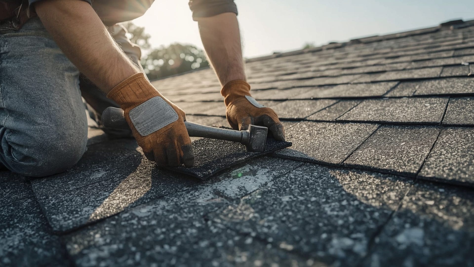 Gloved hands installing a new asphalt shingle with hammer on residential roof