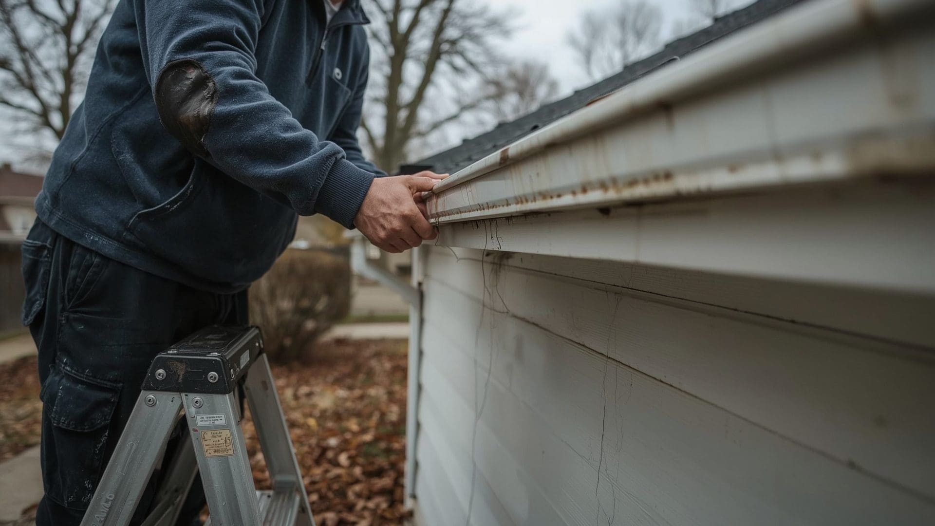 Homeowner on ladder inspecting drip edge flashing and gutters during autumn roof maintenance