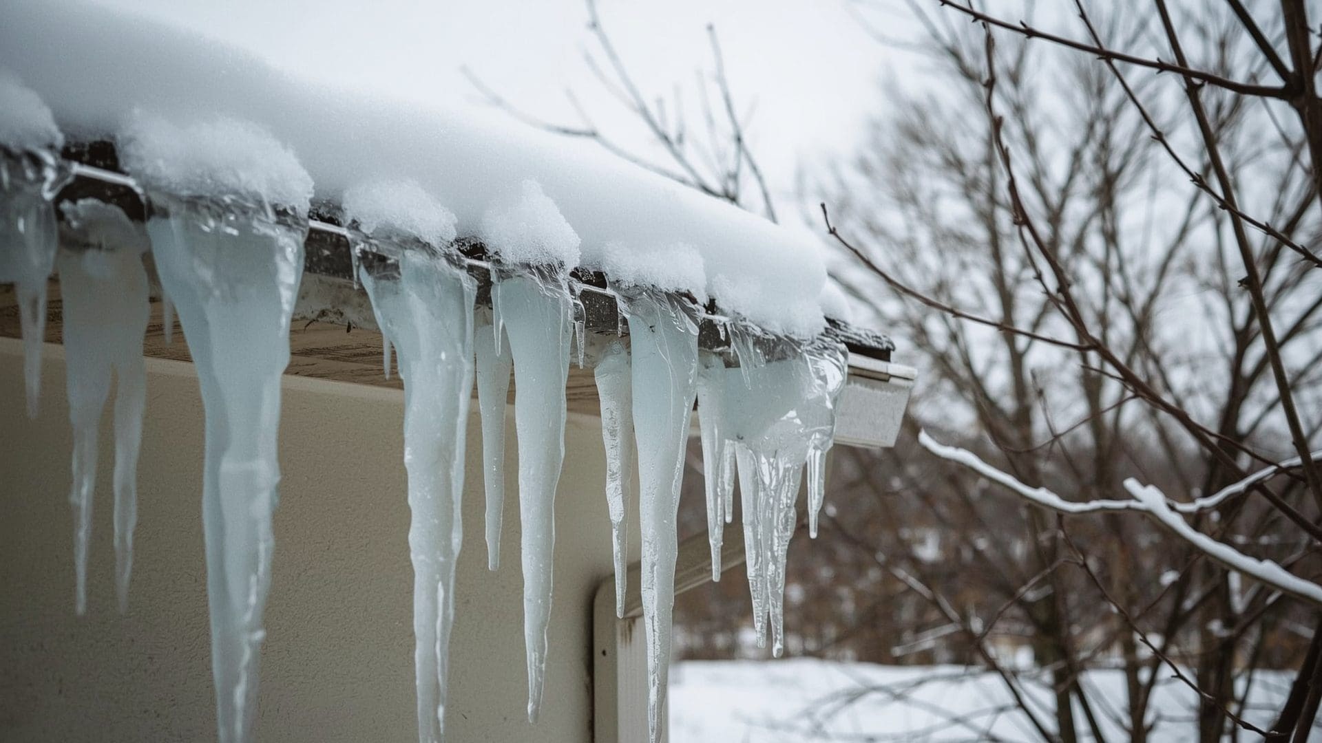 Ice dam forming along residential roof eave with heavy icicles in winter