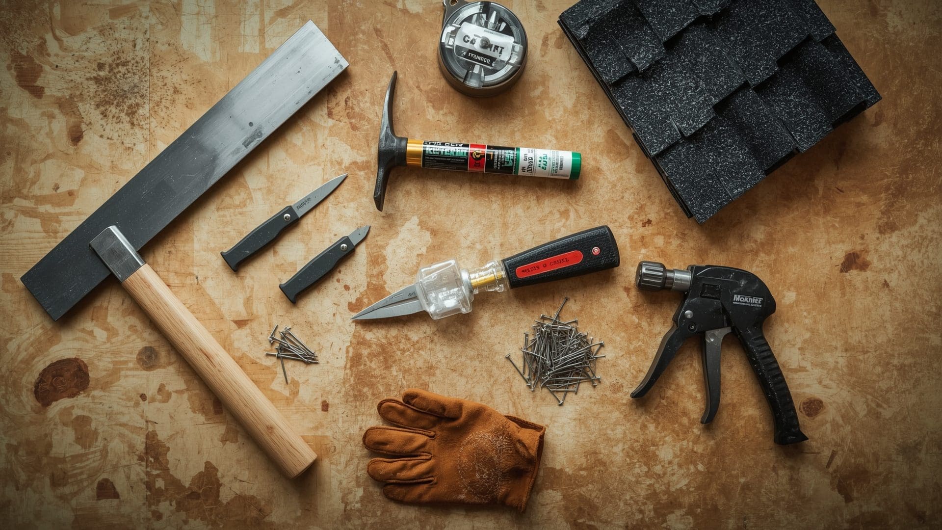Overhead view of roofing tools and shingle materials laid out on plywood workbench
