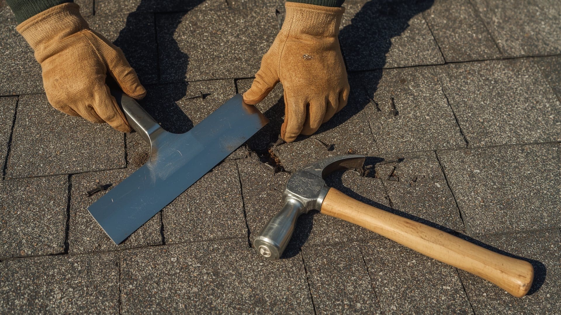 Gloved hands using pry bar to lift damaged asphalt shingle during roof repair