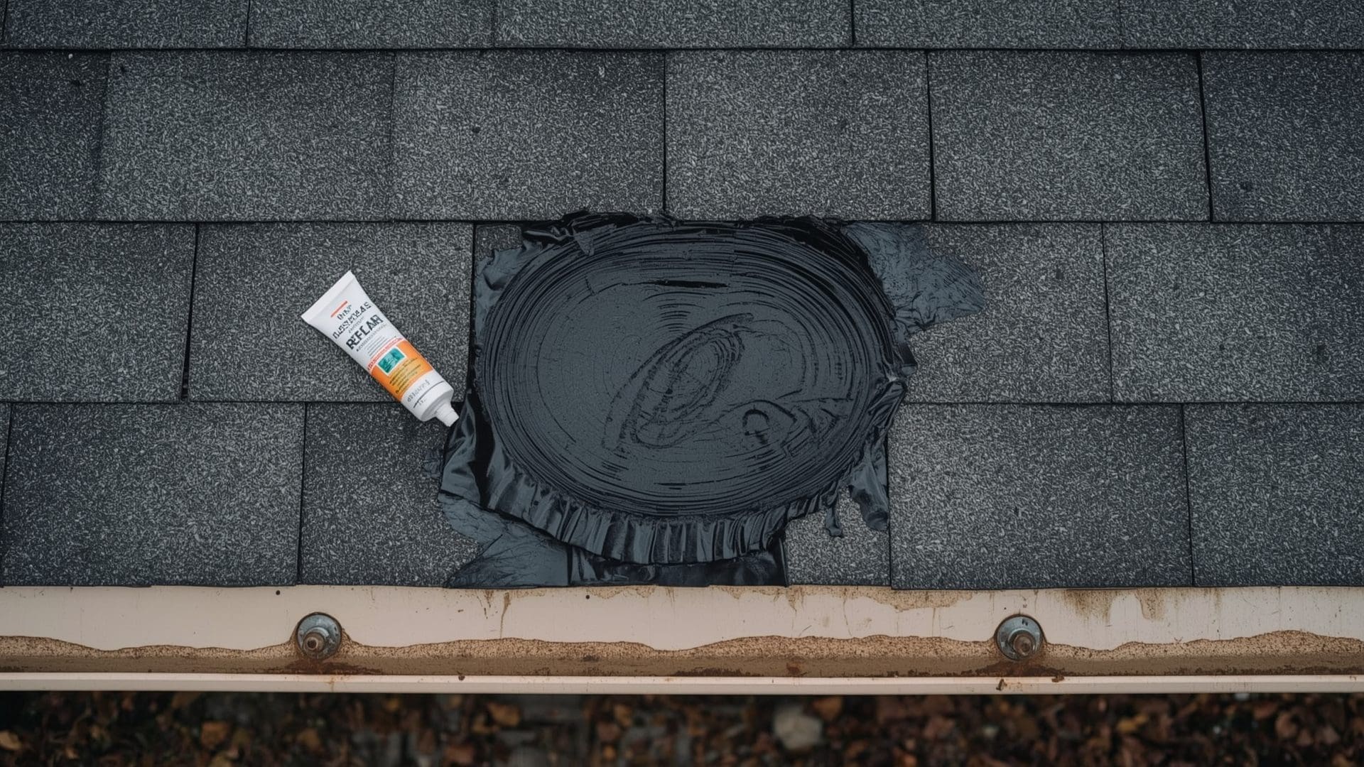 Botched amateur roof repair showing messy sealant and improperly placed roofing nails