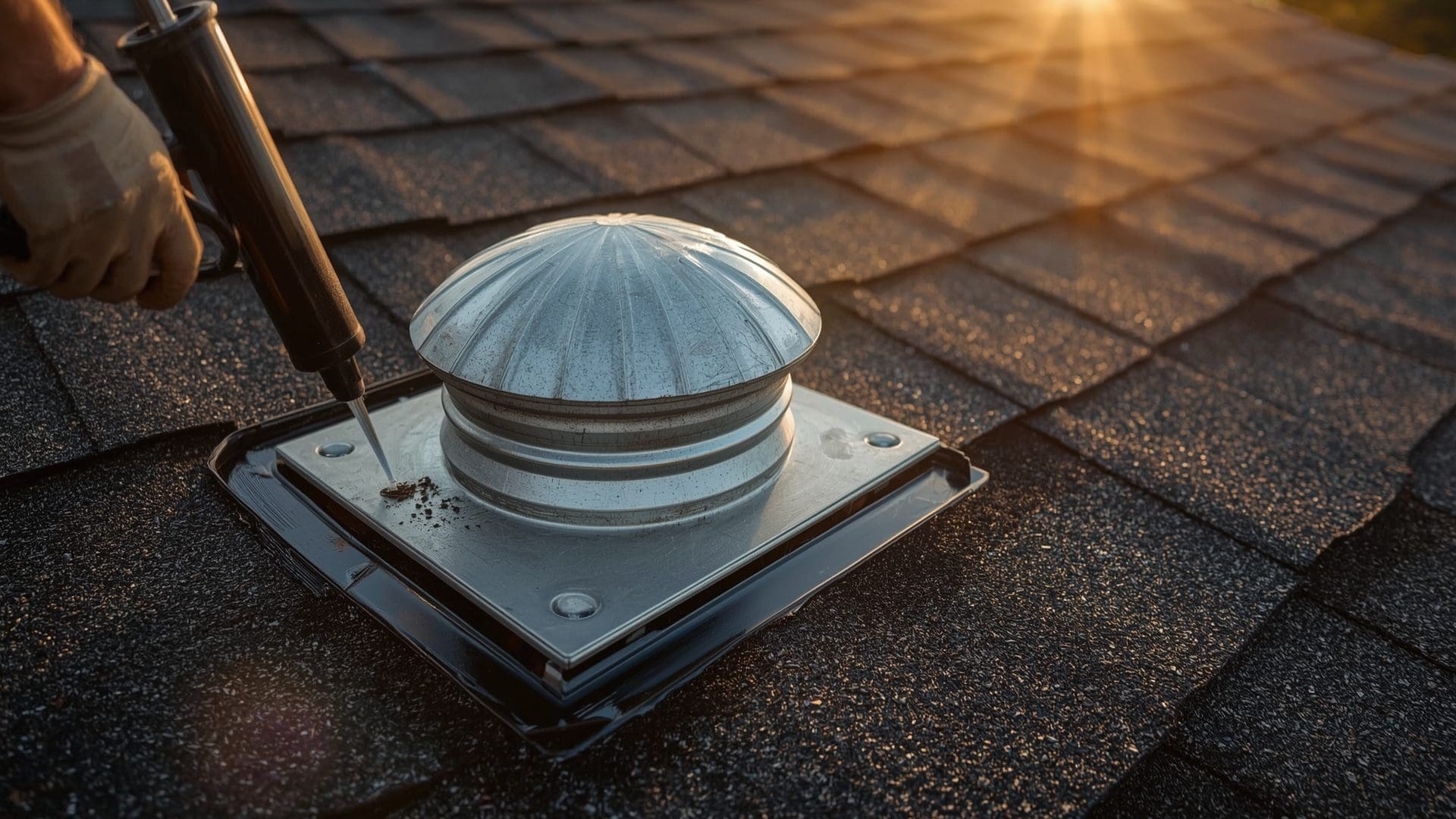 Roofer applying sealant around roof vent flashing during shingle replacement work