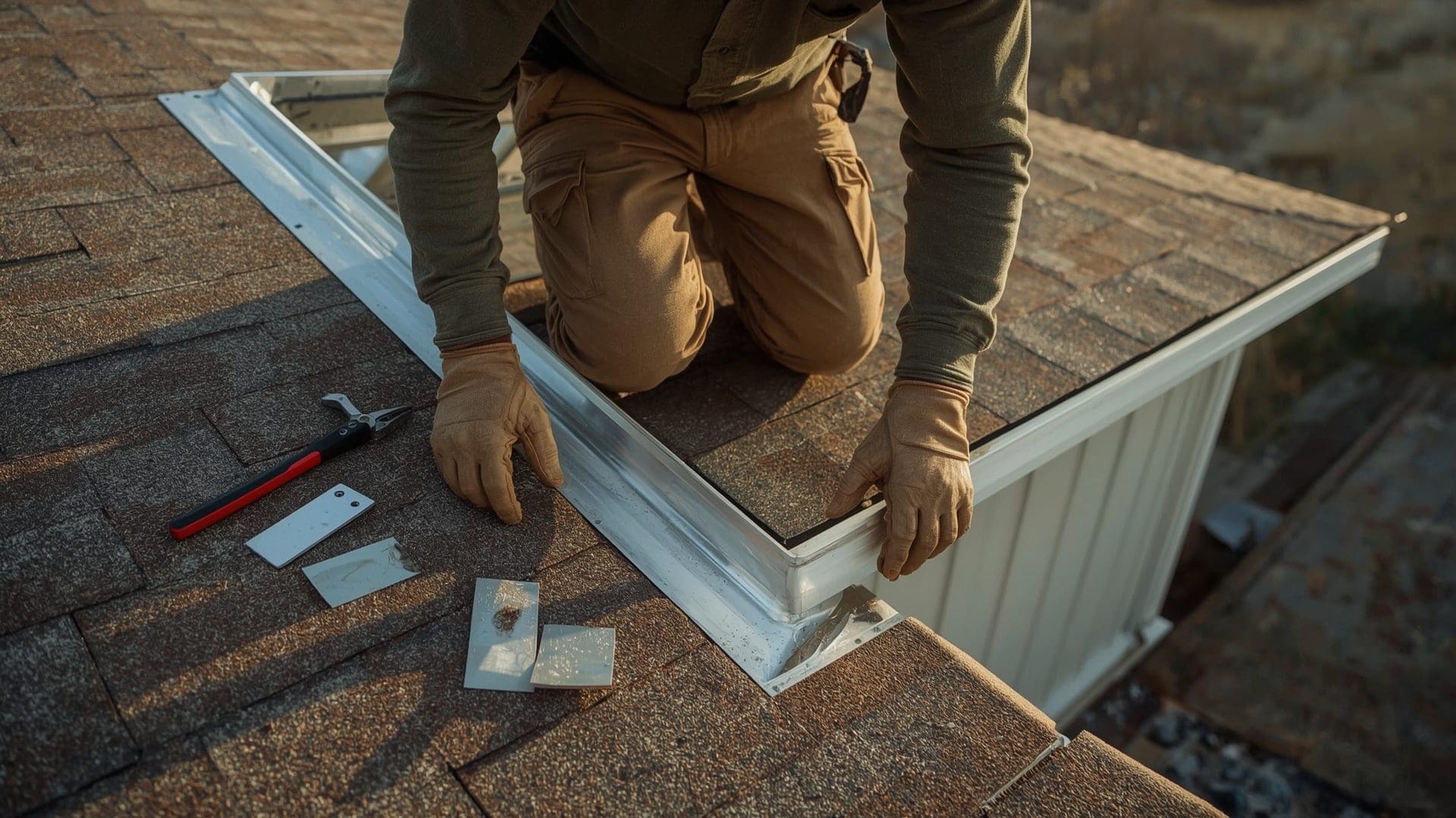 Roofer installing new L-shaped step flashing pieces against wall on residential roof