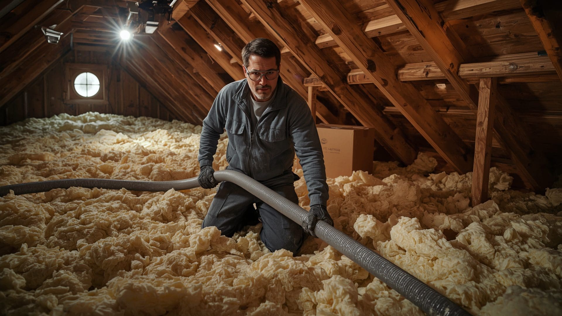 Worker blowing insulation into attic floor joists to prevent ice dams