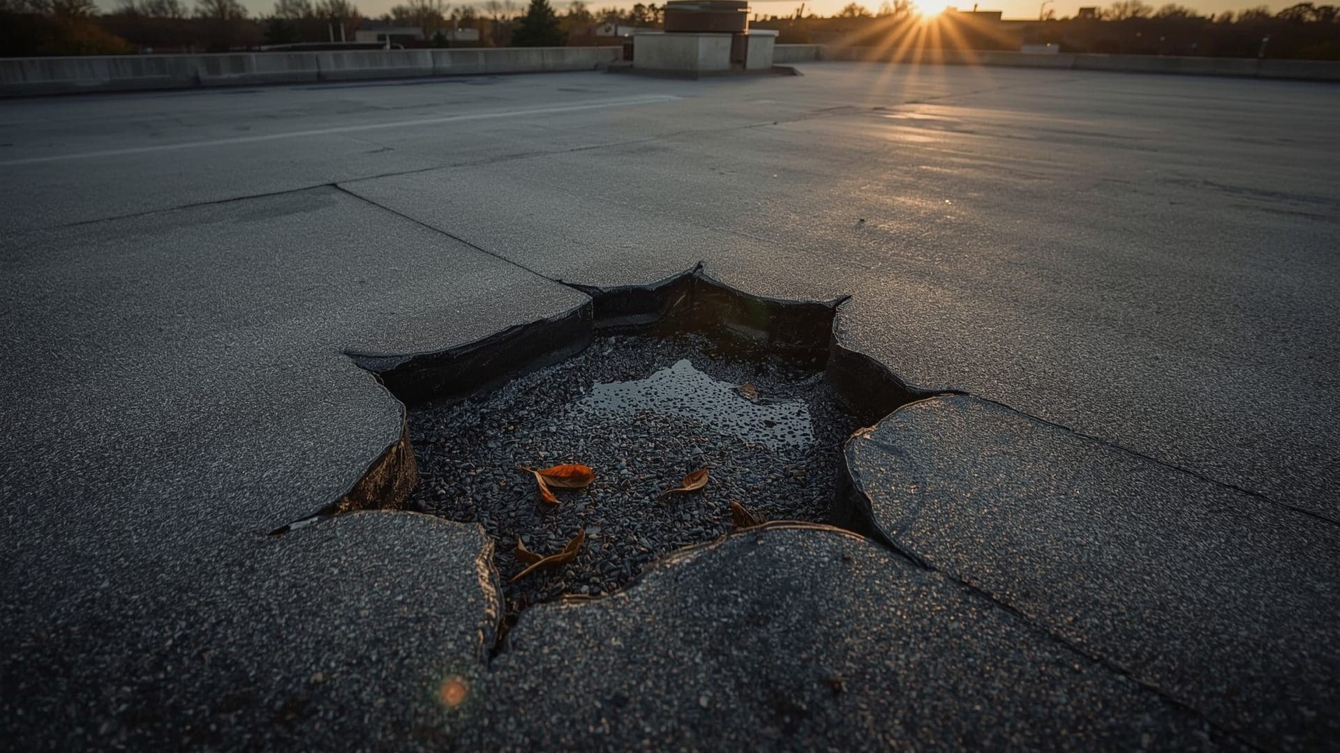 Aged flat roof membrane with visible split damage and water staining