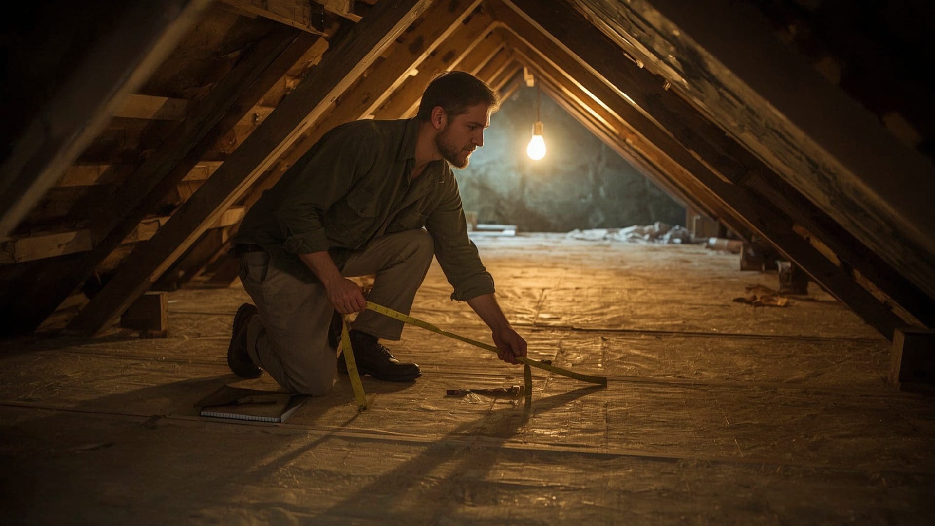 Contractor measuring attic floor space to calculate ventilation requirements