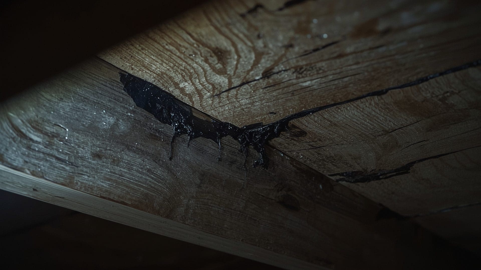 Dark moisture staining and mold growth on attic rafters from poor ventilation