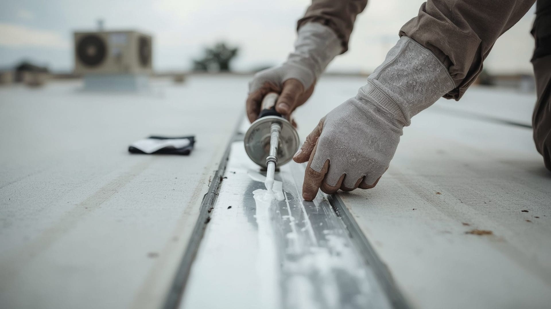 Gloved hands applying roofing sealant bead along metal flashing seam