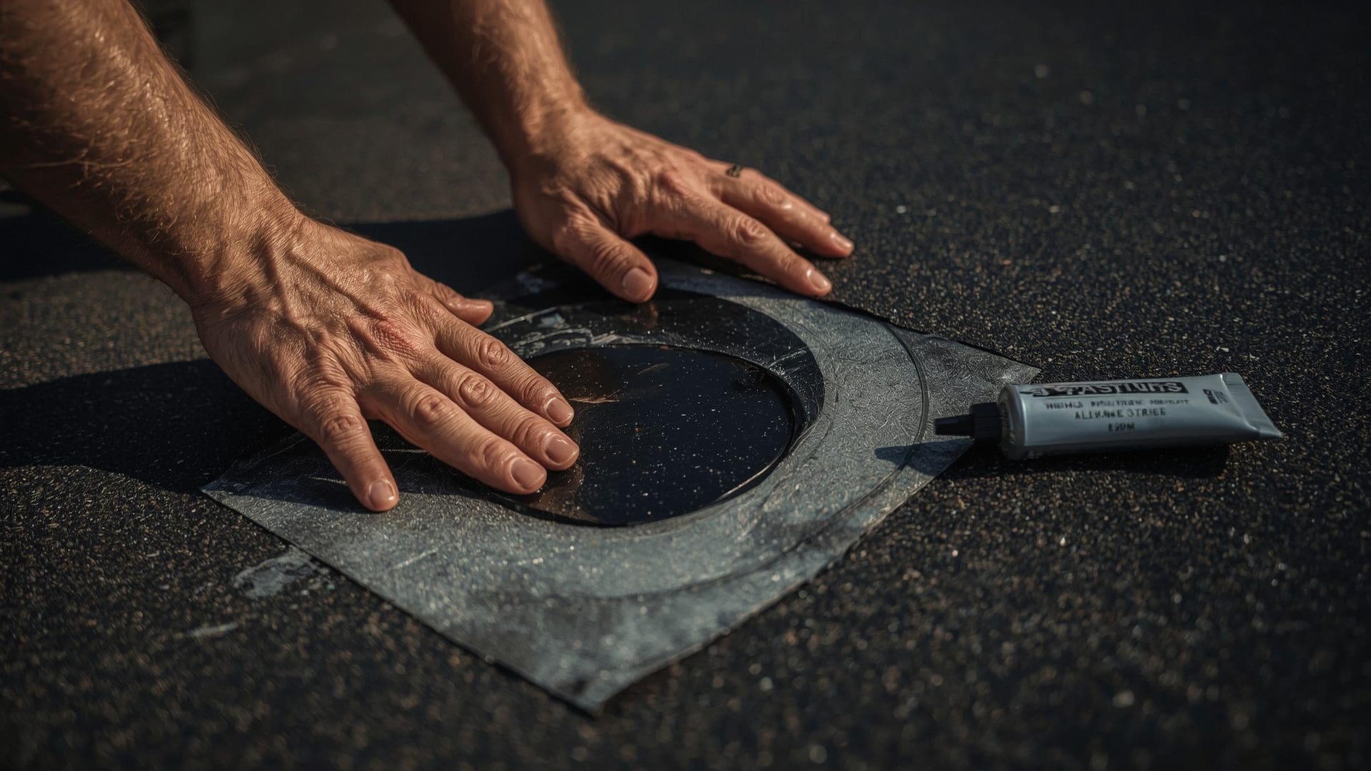Hands pressing EPDM rubber patch onto flat roof membrane during leak repair