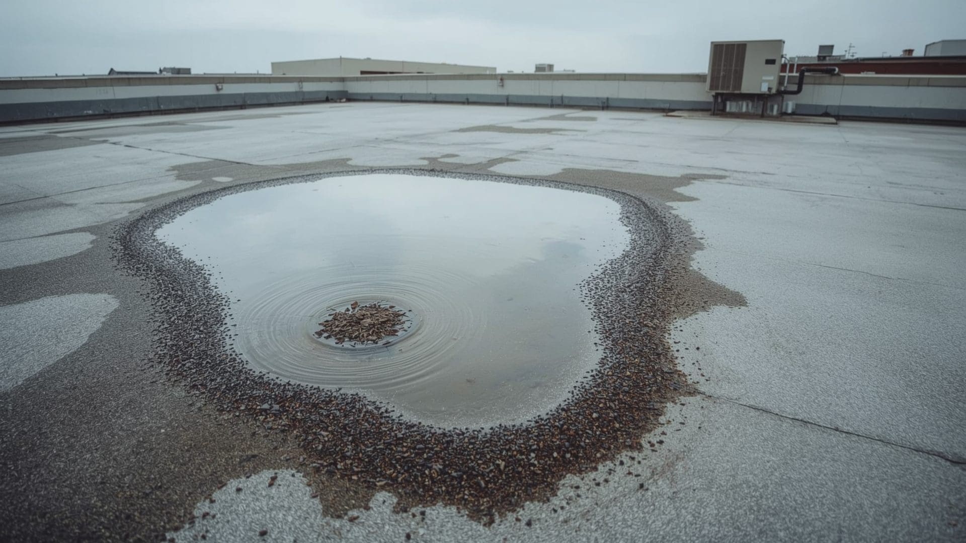 Ponding water pooling around clogged drain on flat commercial rooftop