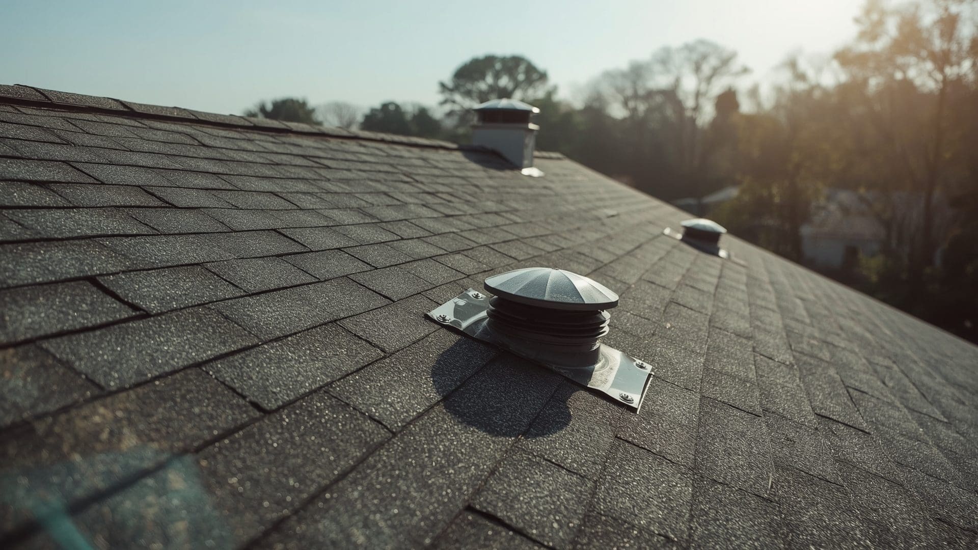 Residential roof showing ridge vent, static box vents, and turbine exhaust vents