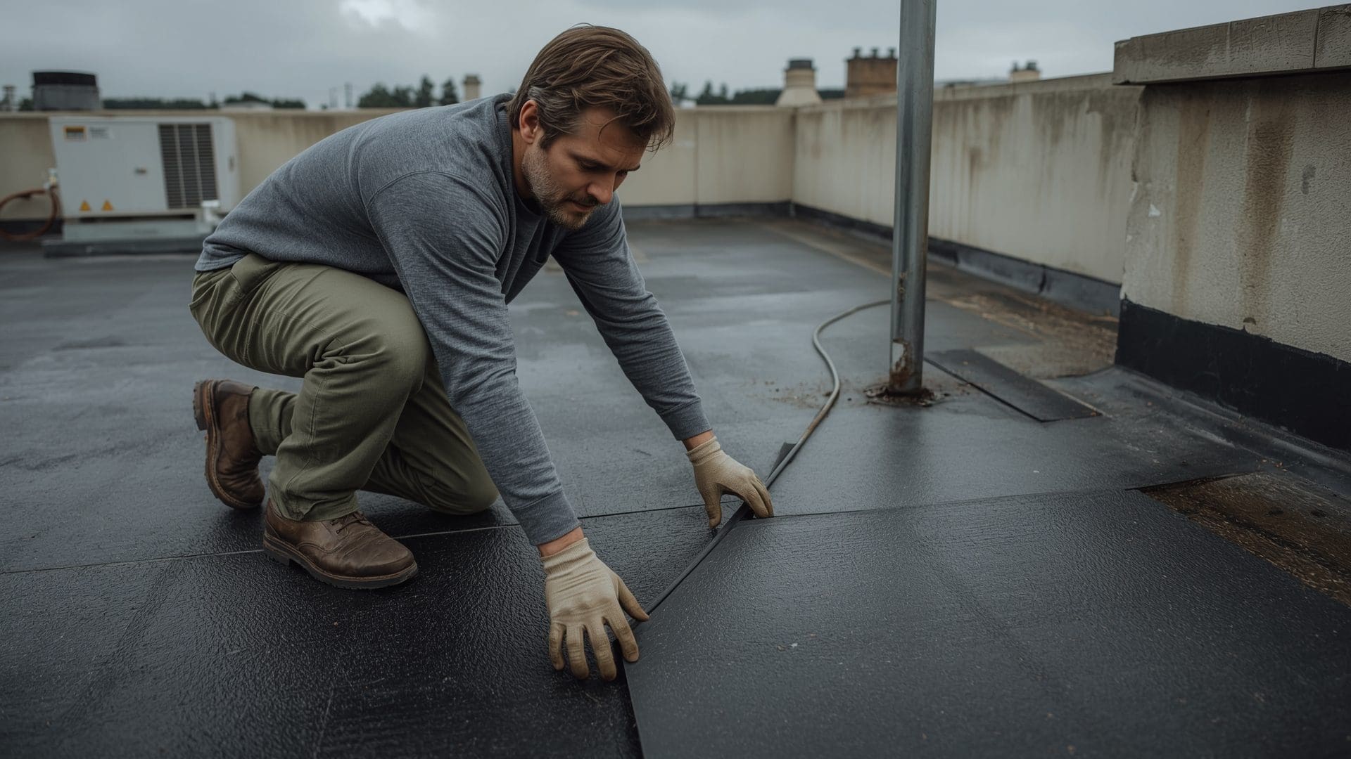 Roofer inspecting EPDM flat roof seam for leak source during inspection
