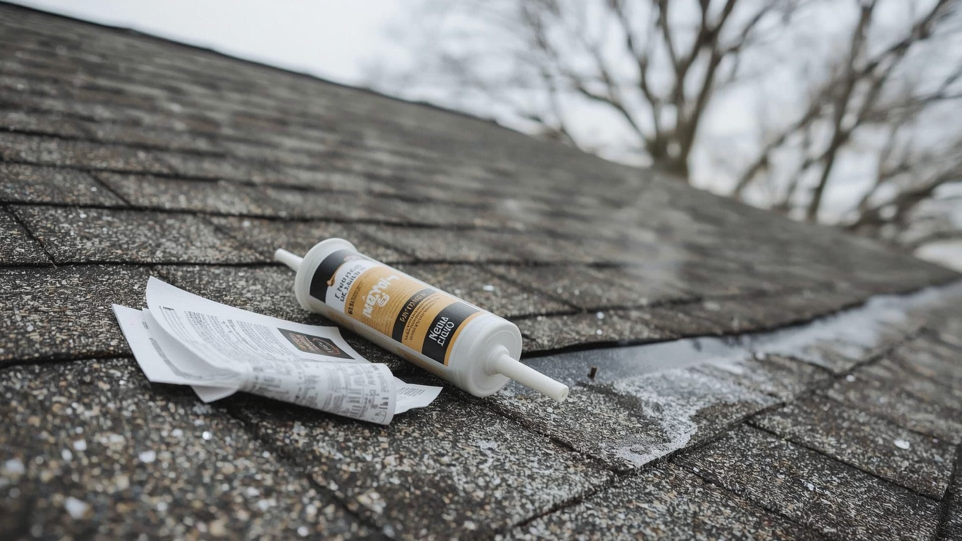 Roofing sealant application on frost-covered shingles in cold winter weather