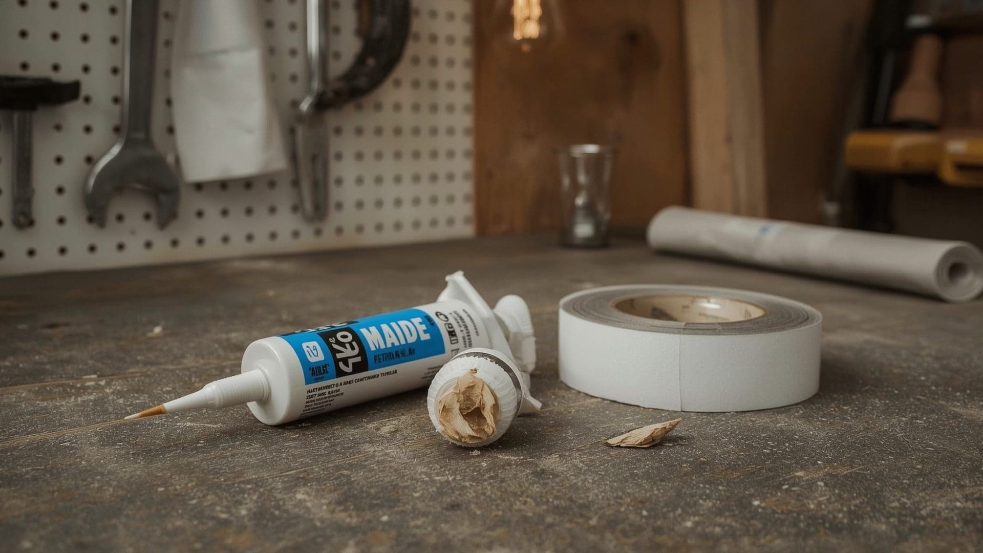 Three types of roofing sealant products on weathered workshop workbench