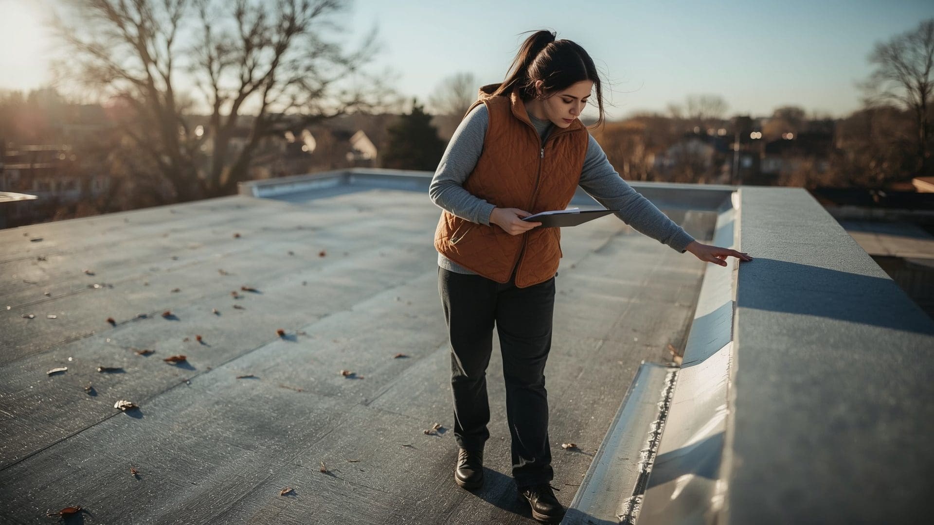Woman inspecting flat roof flashing during seasonal maintenance inspection in autumn