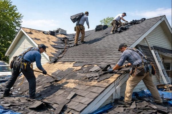 Roofers replacing shingles on house