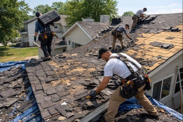 Roofing team working on suburban home